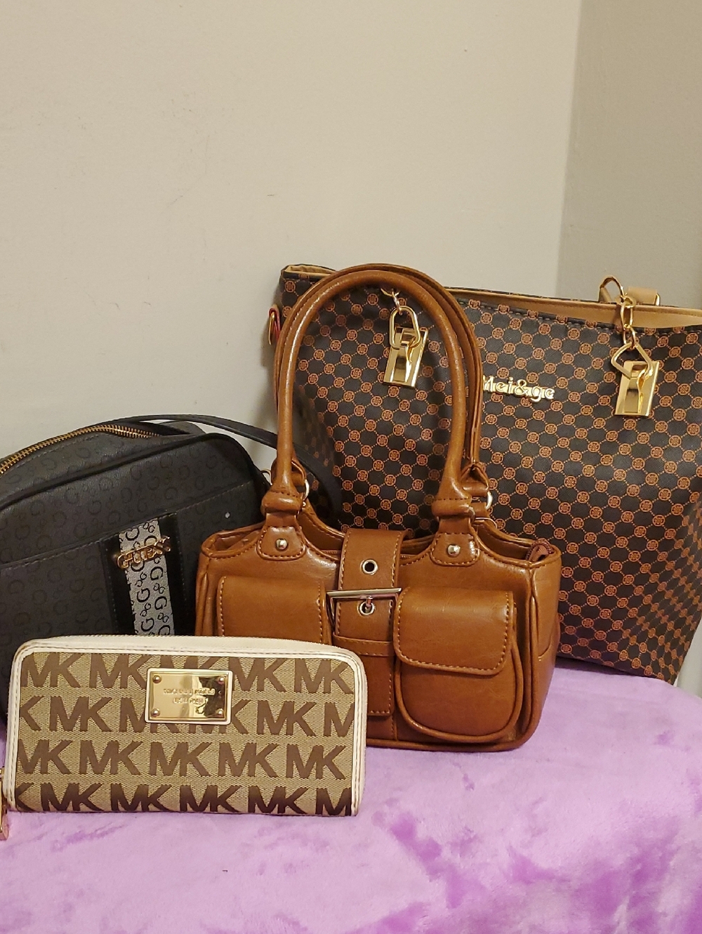 Michael Kors Tan/Brown MK Signature Wallet and 3 Totes Bundle.